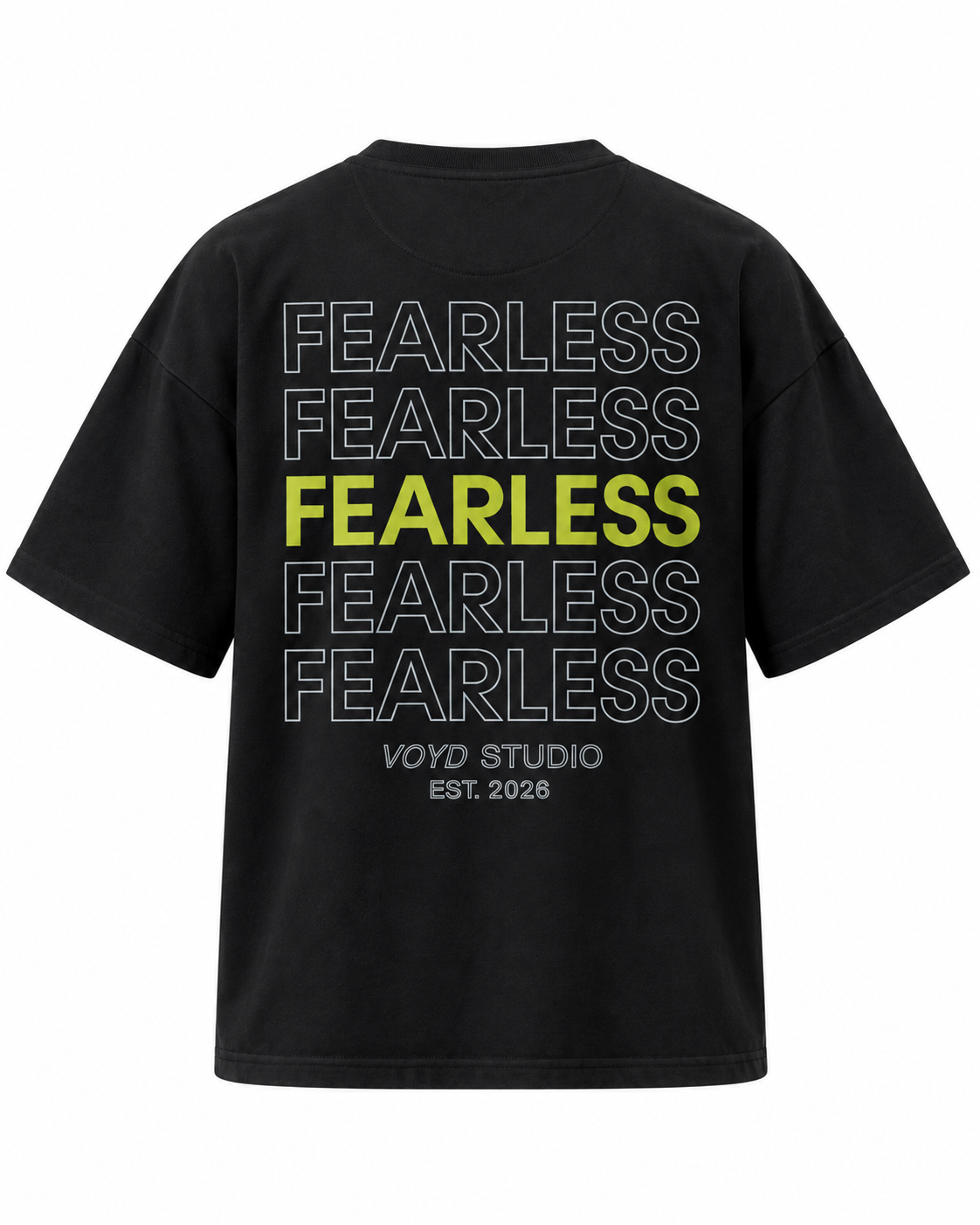 FEARLESS black oversized T-shirt, back view on white background