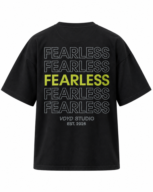 FEARLESS black oversized T-shirt, back view on white background